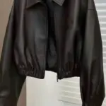 Soft Leather Black Zip Coat for Spring & Autumn, Square Neck
