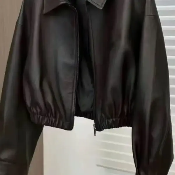 Soft Leather Black Zip Coat for Spring & Autumn, Square Neck