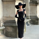 Stretchy Black Square Neck Hip Wrap Midi Dress with Gloves