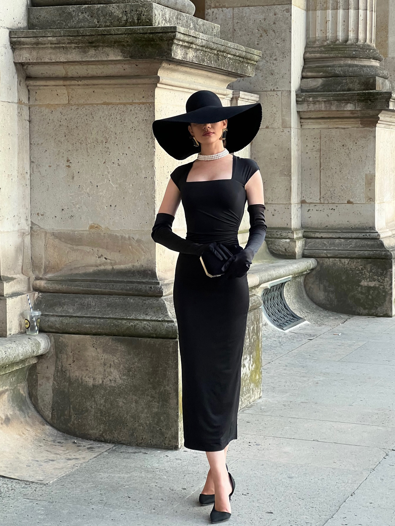 Stretchy Black Square Neck Hip Wrap Midi Dress with Gloves