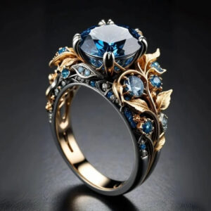 Vintage Two-Tone Sapphire Inlay Leaf Ring - Silver