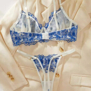 3/4 Push-Up Blue Floral Lace Lingerie Set Bra Kit