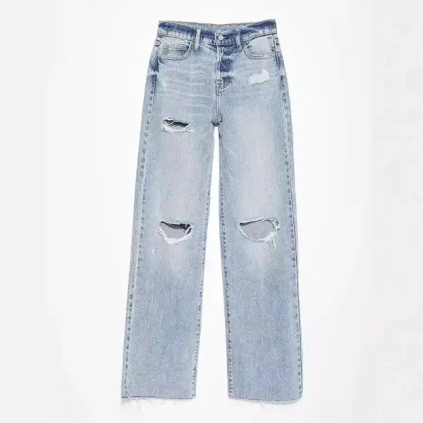 Ripped, Raw-Hem Denim Jeans Casual Washed Womens Straight-Leg Pants