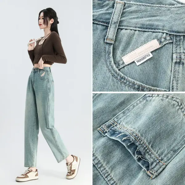 High-Waist Cropped Denim Baggy Pants for Women - Light Blue