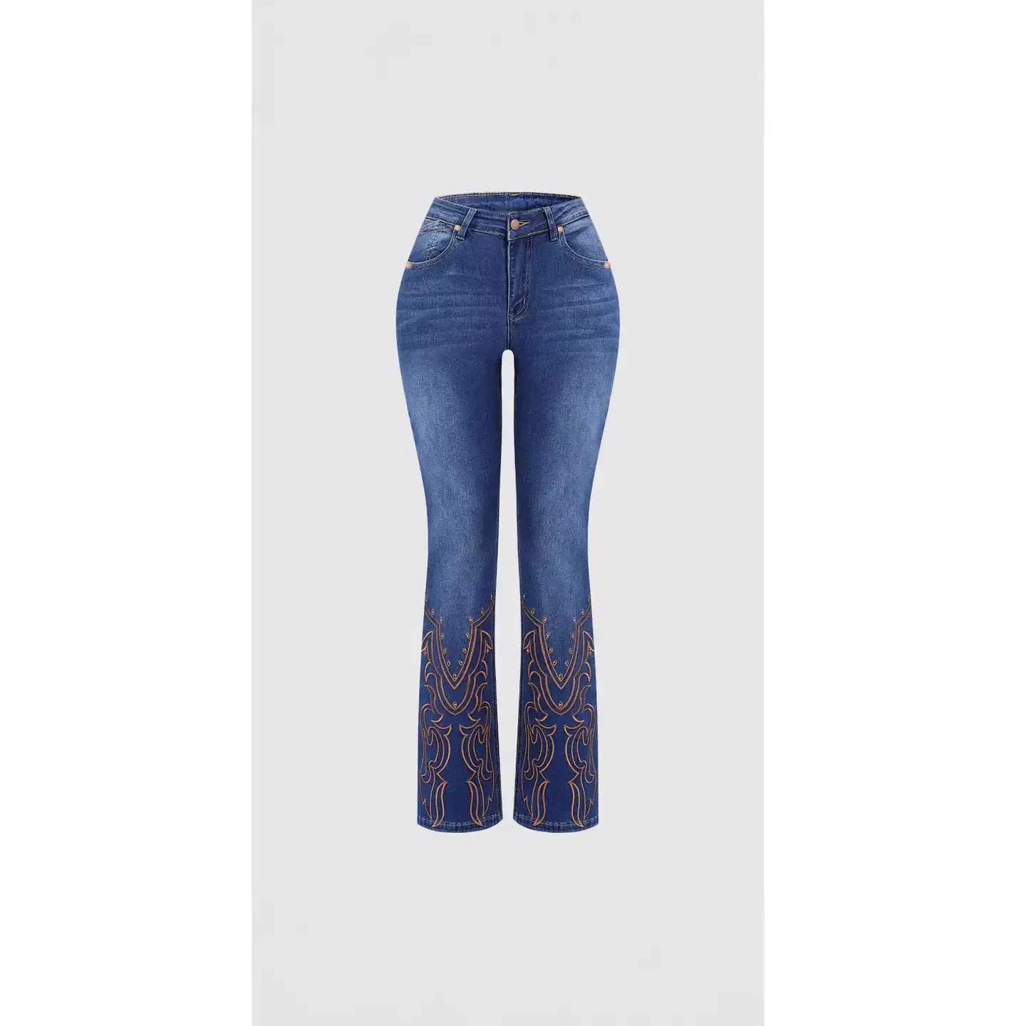 Retro Embroidered Flared Denim Jeans for Women, Stretch