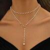 Bow-Knot Faux Pearl Tassel Pendant Necklace, Clavicle-Length