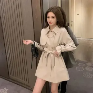 Waist-Trimming Mid-Length Trench Coat for Women, Lace-Up