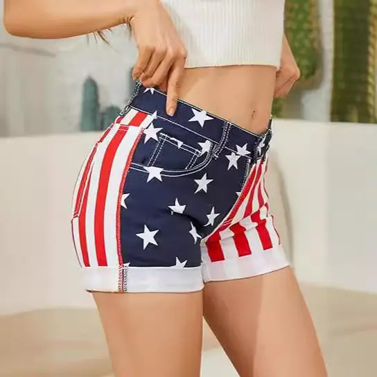 Patriotic Stars and Stripes Denim Women’s Shorts, No Stretch Patriotic Stars and Stripes Denim Women’s Shorts, No Stretch