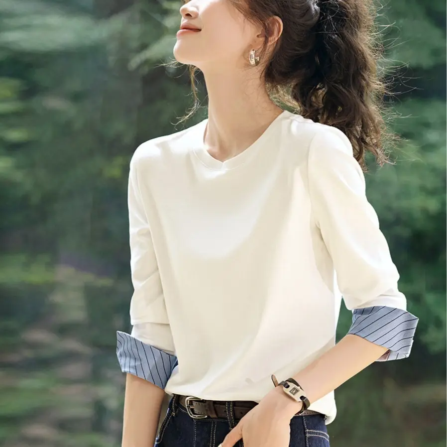 Contrast Patchwork Striped Long Sleeve Top - Round Neck Contrast Patchwork Striped Long Sleeve Top - Round Neck