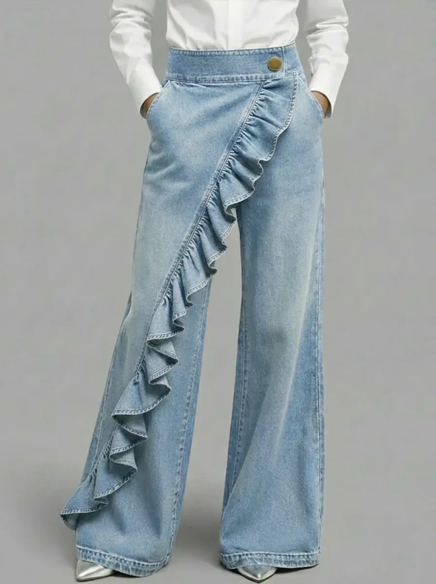 Vintage High-Waist A-Line Denim Trousers with Buttons