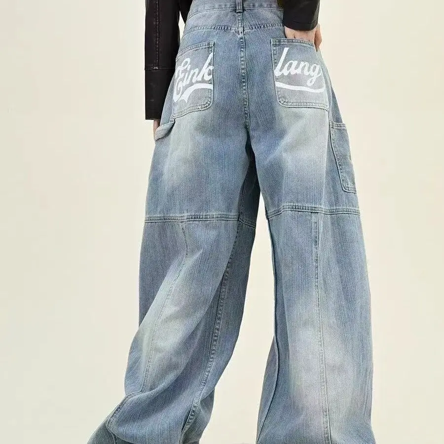 Distressed Blue Wide-Leg Denim Overalls with High Waist