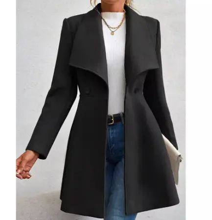 Slim-Fit Long Lapel Wool Coat for Women, Button Front Slim-Fit Long Lapel Wool Coat for Women, Button Front