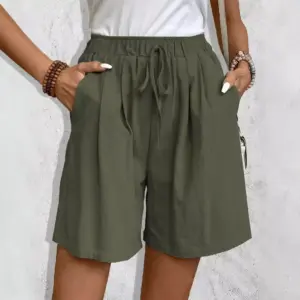 Breathable Ice-silk Style Wide-Leg Drawstring Shorts, Mid-Waist