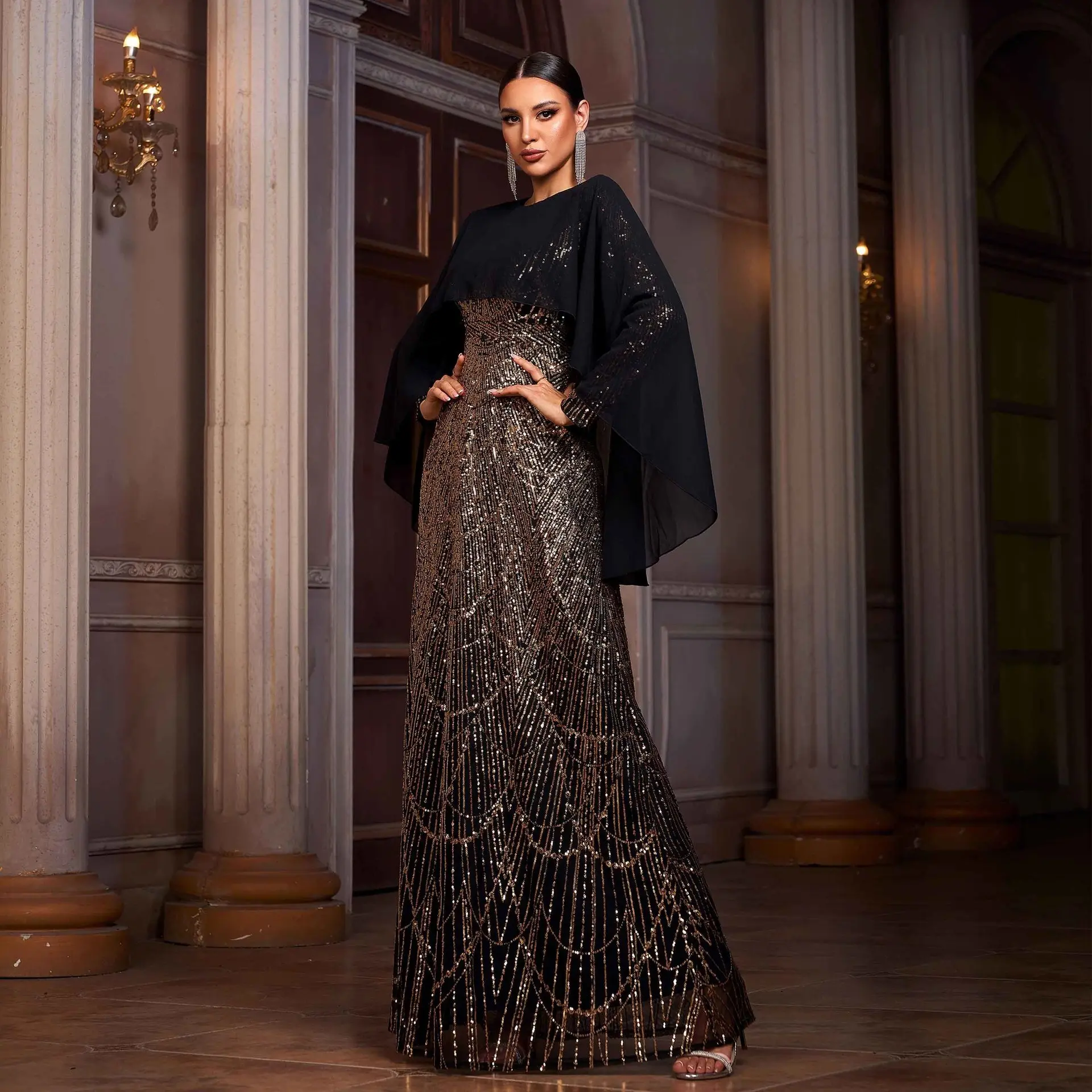 Statement Sequined A-Line Evening Dress with Long Sleeves Statement Sequined A-Line Evening Dress with Long Sleeves