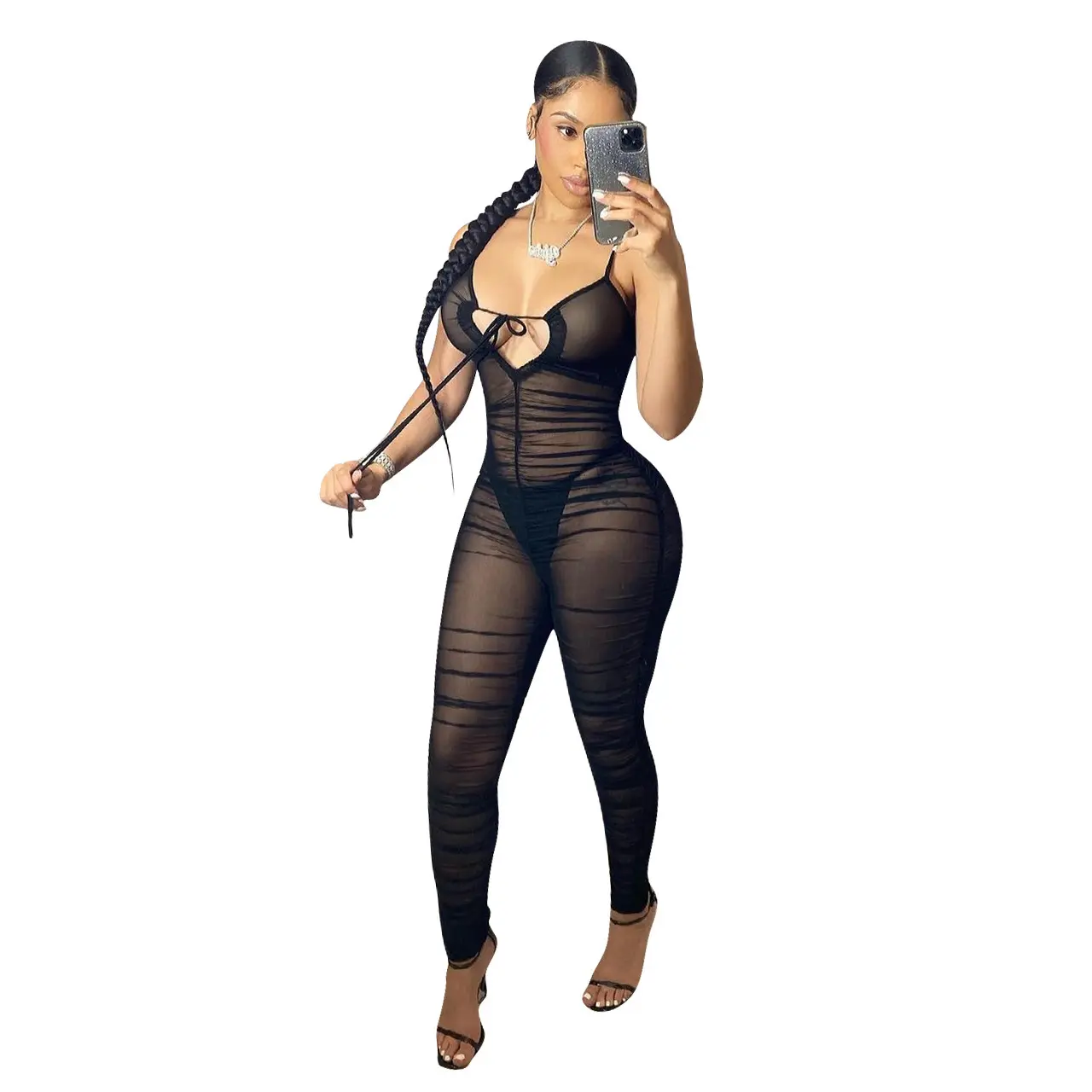Ruched Sheer Mesh Skinny Jumpsuit for Women, Streetwear