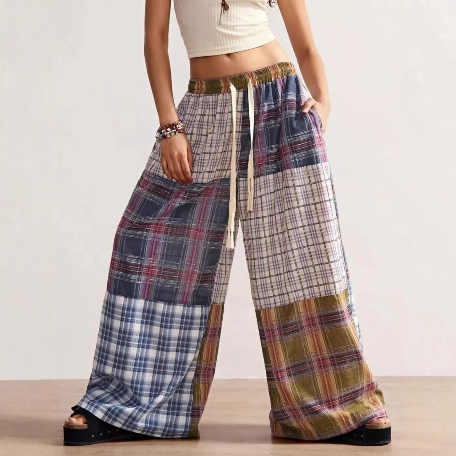 Printed Wide-Leg Drawstring Pants for Women, Mid-Rise Printed Wide-Leg Drawstring Pants for Women, Mid-Rise