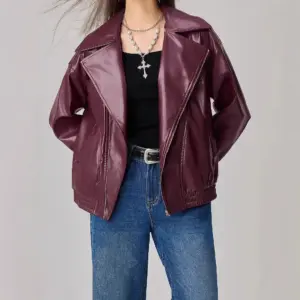 Loose-fitting Long Sleeves Leather Jacket Coat