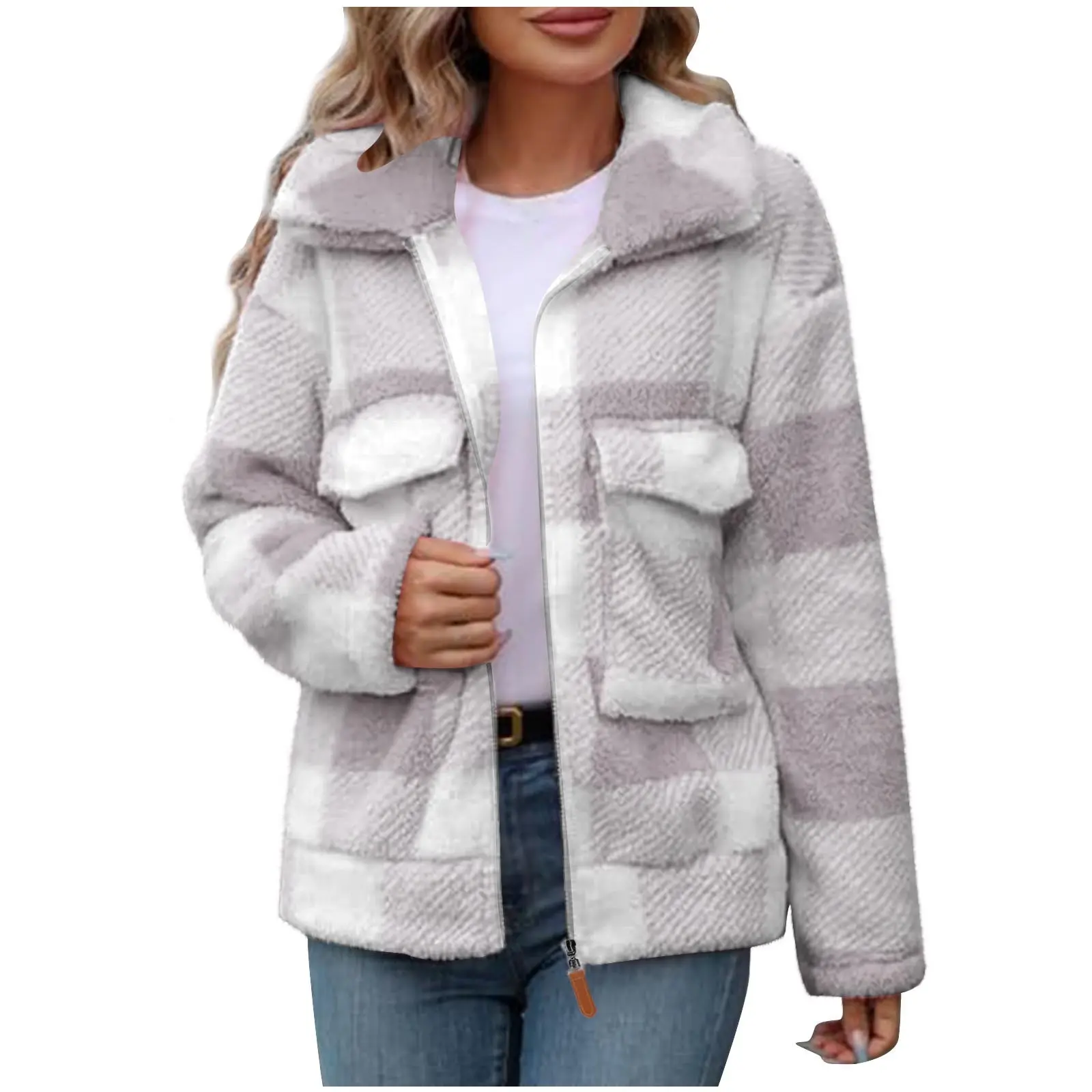Warm Double-Sided Polar Fleece Plaid Zip-Up Coat with Pockets