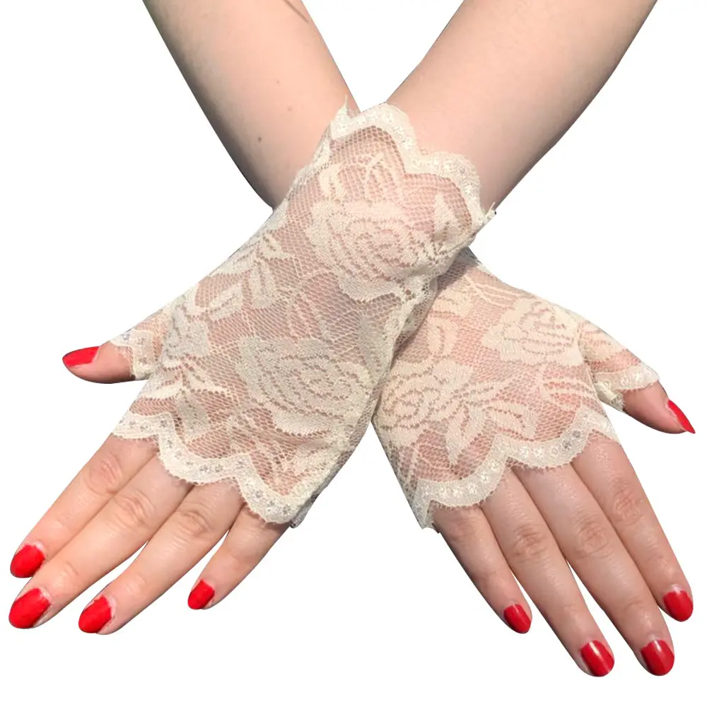 Sun-Proof Lace Half Finger Gloves for Women, Short Fit