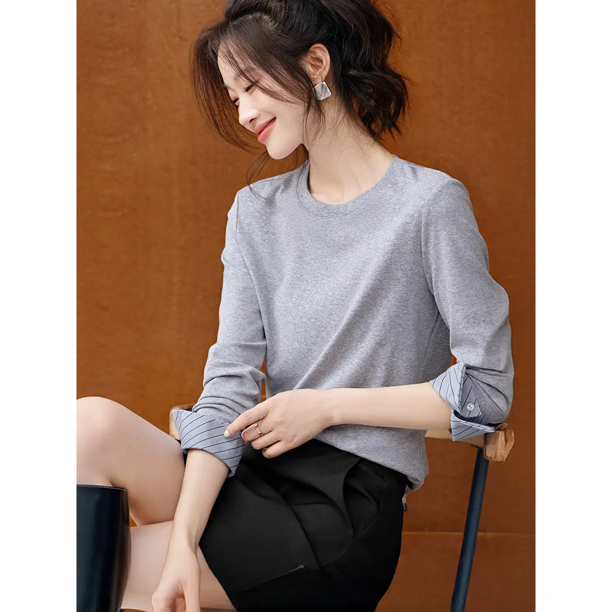 Contrast Patchwork Striped Long Sleeve Top - Round Neck Contrast Patchwork Striped Long Sleeve Top - Round Neck