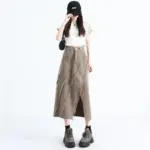 Street-Style Khaki High-Waisted Denim Skirt, Raw Hem & Slit