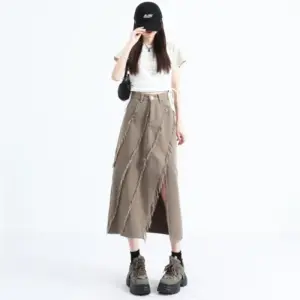 Street-Style Khaki High-Waisted Denim Skirt, Raw Hem & Slit