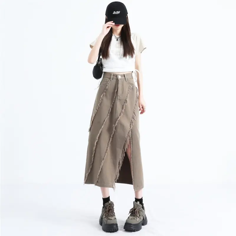 Street-Style Khaki High-Waisted Denim Skirt, Raw Hem & Slit