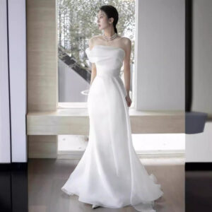 Off-Shoulder French Wedding Dress with High-Waist Fit