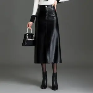 PU Leather Black Mid-length Skirt Womens Autumnwinter Style