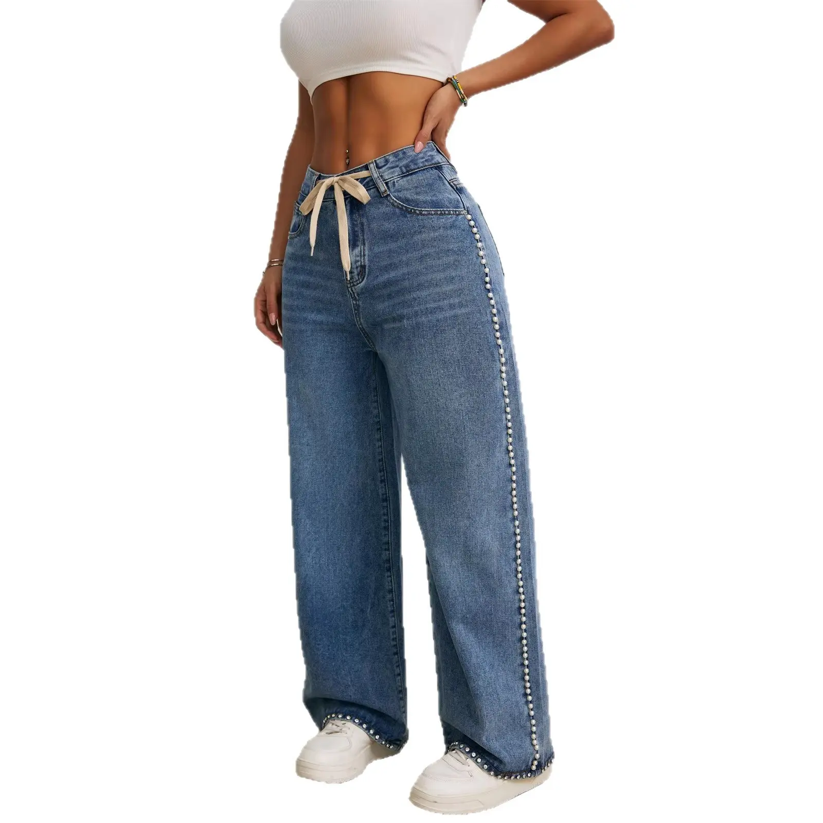 Adjustable Drawstring Waist Retro Blue High-Waist Jeans Adjustable Drawstring Waist Retro Blue High-Waist Jeans