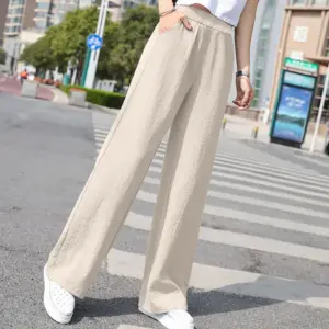 Draping Wide Leg Cotton-Linen Pants for Women, Elastic Waist