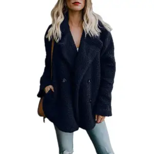 Warm Navy Plush Button Lapel Pocket Coat Shirt for Women