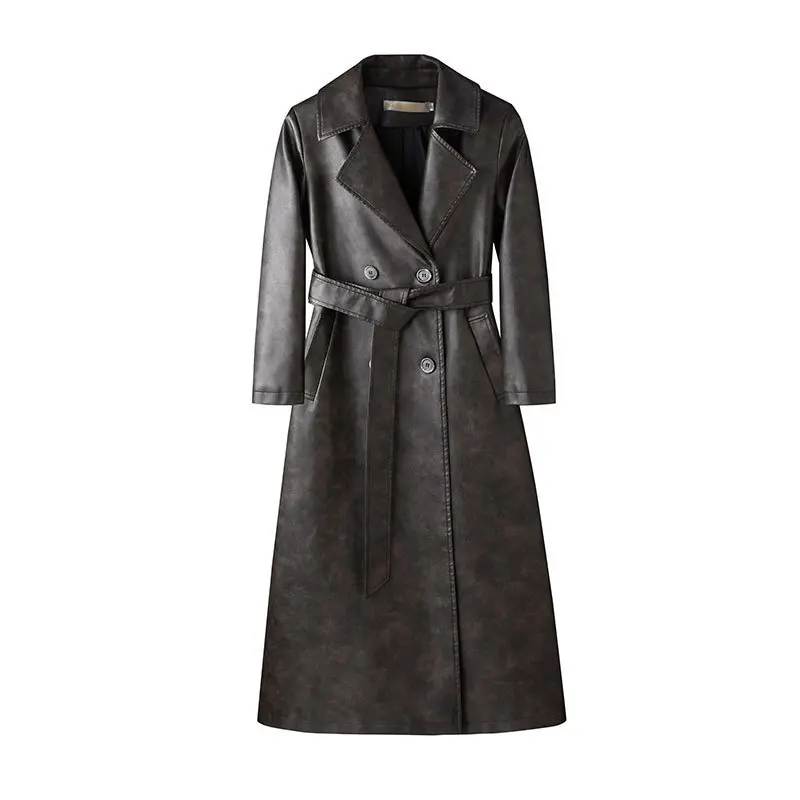 Women's Leather Trench Coat Long Below-the-knee Length Women's Leather Trench Coat Long Below-the-knee Length