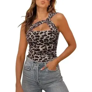 Womens Sexy One Houlder Asymmetrical Leopard Print Top