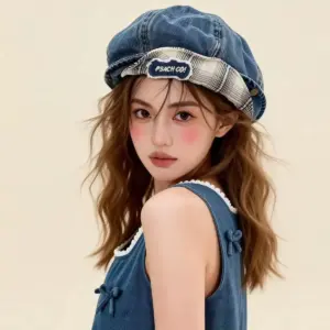 Structured Double-Brim Denim Beret with Turned-Up Brim