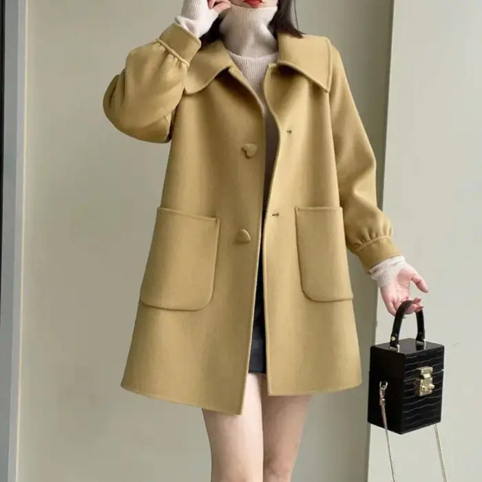 Womens Geometric Wool Coat with Doll Neck Patchwork