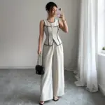 Casual Elegant Button Vest Wide Leg Pants Two-Piece Set Women