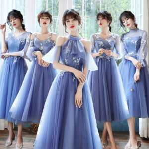 Blue Halter Off-Shoulder Bridesmaid Dress in Polyester