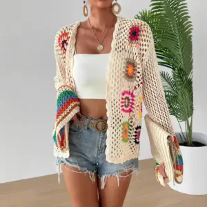 Hand-Crocheted Floral Sweater with 3 D Relief Color Blocks