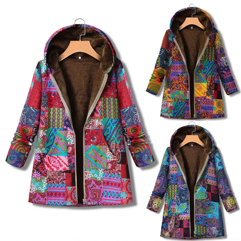 Retro Warm Printed Pocket Thick Zippered Hooded Coat Retro Warm Printed Pocket Thick Zippered Hooded Coat