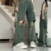 Bold Dark Green Wide-Leg Torn Denim Jeans, High Waist