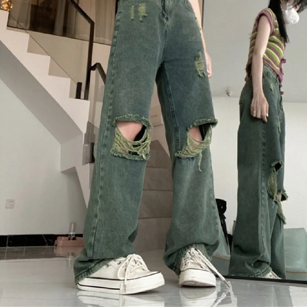 Bold Dark Green Wide-Leg Torn Denim Jeans, High Waist Bold Dark Green Wide-Leg Torn Denim Jeans, High Waist