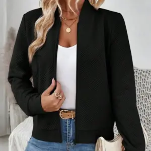 Womens Textured Zip-Up Bomber Jacket Casual Outerwear