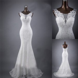 Slim White Lace Fishtail Wedding Dress with Double Straps