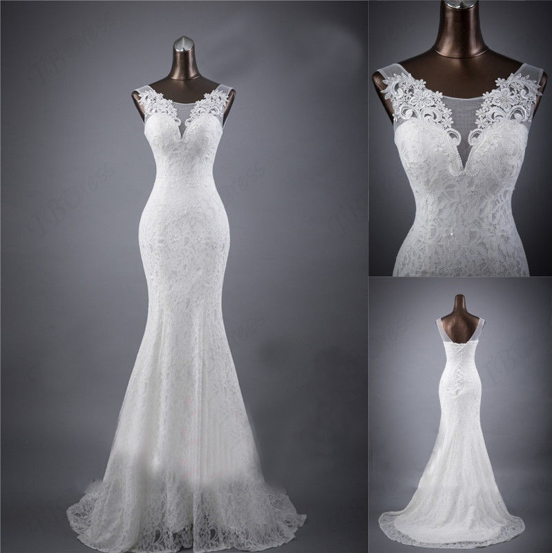 Figure-Skimming White Lace Fishtail Wedding Dress with Double Straps Figure-Skimming White Lace Fishtail Wedding Dress with Double Straps