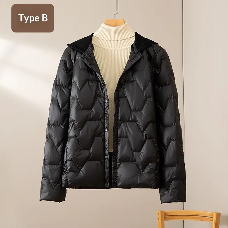 Warm White Duck Down Womens Cropped Beanie Jacket - Loose Fit V-Neck
