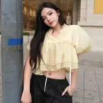 Elegant Stand-Up Collar Blouse with Lace-Up Puff Sleeves