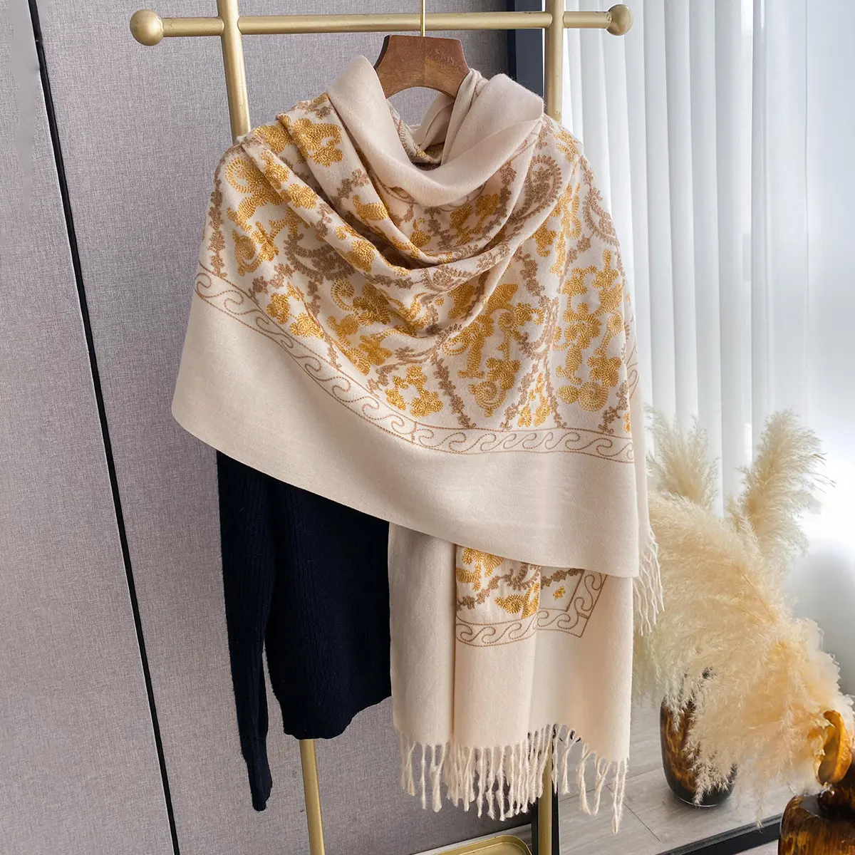 Cashew Flower Embroidered Scarf Shawl For Women