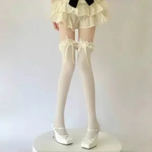 Sweet Japanese Lace-Up Thigh Stockings with Bowknot, White