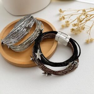 Hand-Beaded Leather Bracelet with Circular Multi-Layer Design